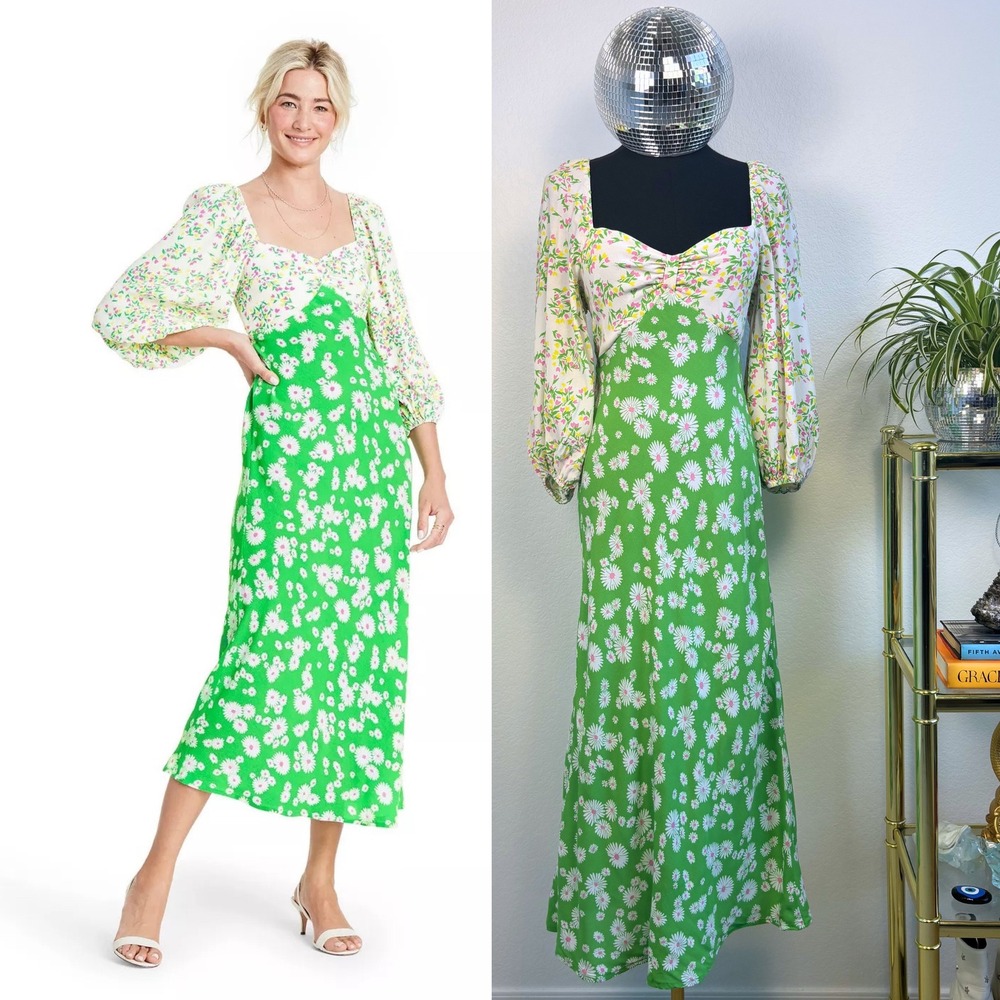 RIXO for Target Green Floral Daisy Maxi‎ Dress, Size 2 | Boho Smocked Dopamine